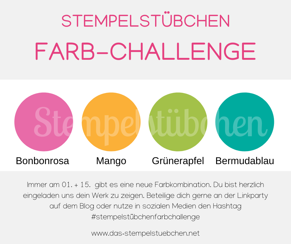 Farb-Challenge 116 Januar 2022 Farbkombination Stampin Up Bonbonrosa, Grüner Apfel, Bermudablau, Mango