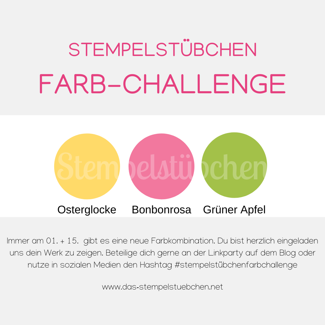 Farb-Challenge-Stempelstuebchen-Osterglocke-Bonbonrosa-Gruener-Apfel-Stampin-Up-Farbkombination